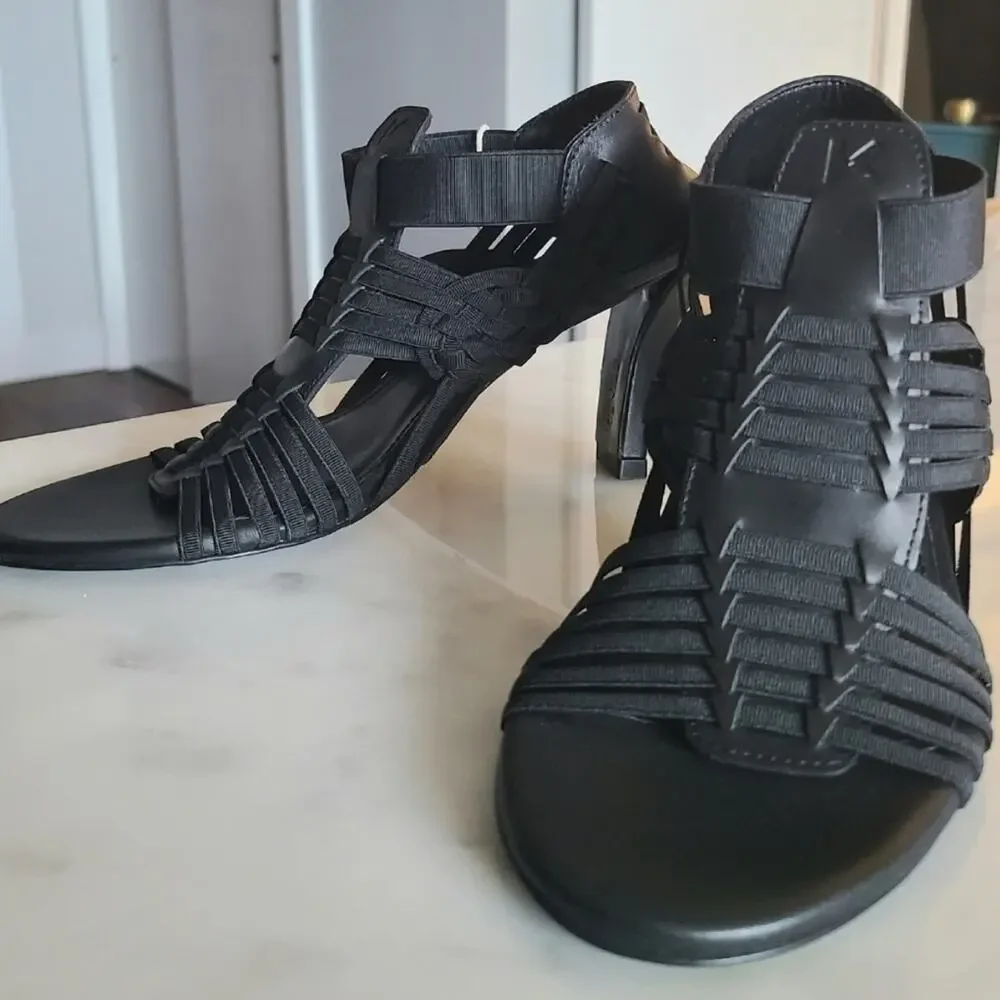 KENZO Greek Cutout Braided Leather Heeled Sandals Black US8 NIB